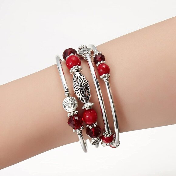 Stackable Silver Beaded Bracelets Women Layered Boho Wrap Jewelry Gift - Picture 4 of 6